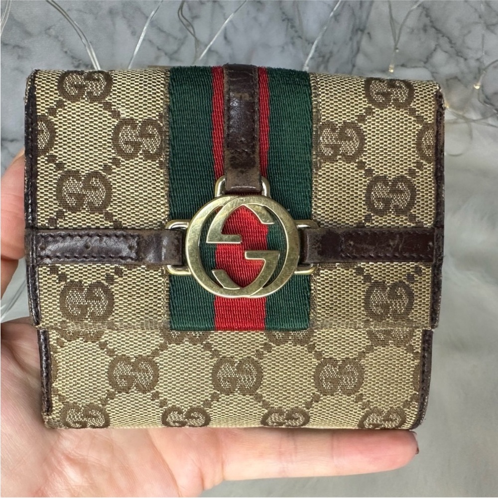 AUTHENTIC GUCCI INTERLOCKING G MONOGRAM LOGO SHERRY RACIBG STRIPE BIFOLD WALLET